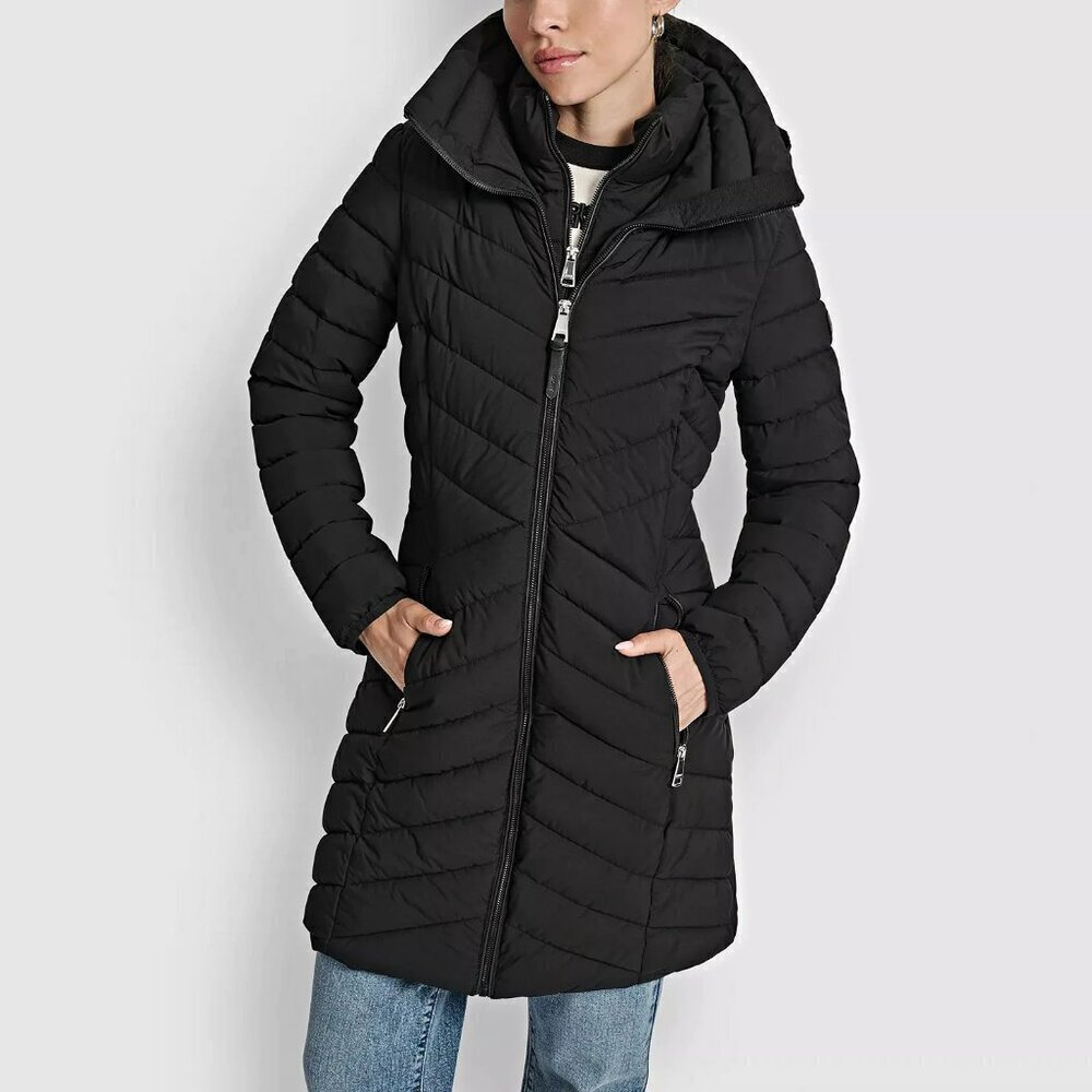 DKNY Women's Black Bibbed Packable Puffer Coat Size XS (MSRP $180)